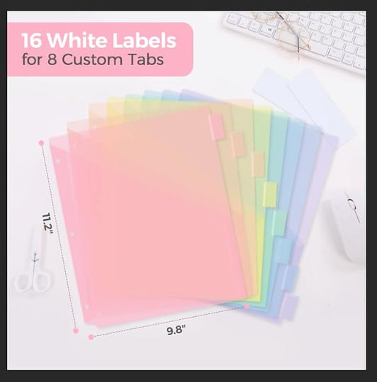 SKYDUE Pastel Binder Dividers with Tabs and Pockets - Soft Plastic Dividers for 3 Ring Binder, Includes 16 Blank Index Labels, for School & Office Organization, Pink