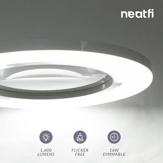 Neatfi XL Bifocal LED Magnifying Lamp, 7-Inch Acrylic Lens, 5D/20D Magnification, Hands-Free, Dimmable, 84 SMD LED, Adjustable Arm for Crafts, Reading, Close Work (White, with Base)