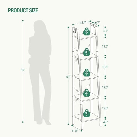 Hzuaneri Ladder Shelf, Bookshelf Bookcase, Freestanding Corner Storage Shelve with 2 Hooks for Home Office, Living Room, Kitchen, Bedroom, Industrial, 11.8" D x 13.4" W x 63" H, White Gold BC03213G