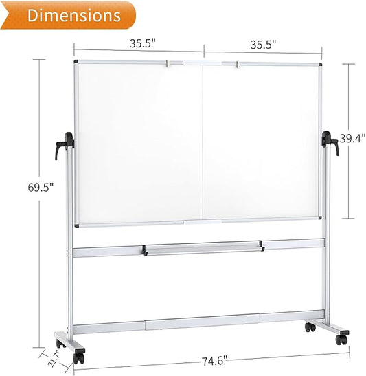 VIZ-PRO Double-Sided Mobile Whiteboard, 72 x 40 Inches, Magnetic Rolling Dry Erase White Board on Wheels with Aluminium Frame and Stand