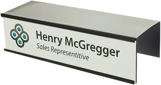 The Original Over the Cube - Quality Aluminum, Changeable Cubicle Nameplate Holder, Satin Silver Base, and Matte Black Name Plate Holder, (2.75" cubicle wall depth) - Made in the USA