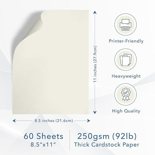MOS Off-White Cardstock Paper 8.5 x 11 Inch (60 Sheets) — Heavyweight Cream Card Stock for Invitations, Menus, Certificates, Crafting, Business, Printer Compatible