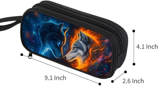 HiMagics Children's Pencil Case, Large Zipper Pencil Pouch for Boys with Two Compartments Boys Pen Pouch for School Wolf Pencil Bag, Black