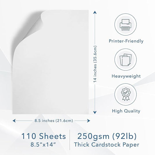 MOS White Legal Cardstock Paper 8.5 x 14 Inch (110 Sheets) — Heavyweight 250 GSM Cover Stock for Certificates, Menus, Legal Documents, Crafts, Printer Compatible