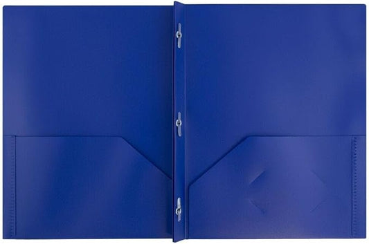 JAM PAPER Plastic 2 Pocket POP Folders - Durable School Folders with Metal Prongs Fastener Clasps - Dark Blue - Bulk 48/Pack