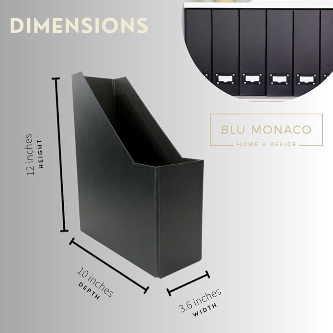 BLU MONACO Foldable Black Magazine File Holder β Set of 6 | Cardboard Desk File Organizer Boxes with Leather Label Holders | Vertical Magazine Storage for Office, Classroom & Home