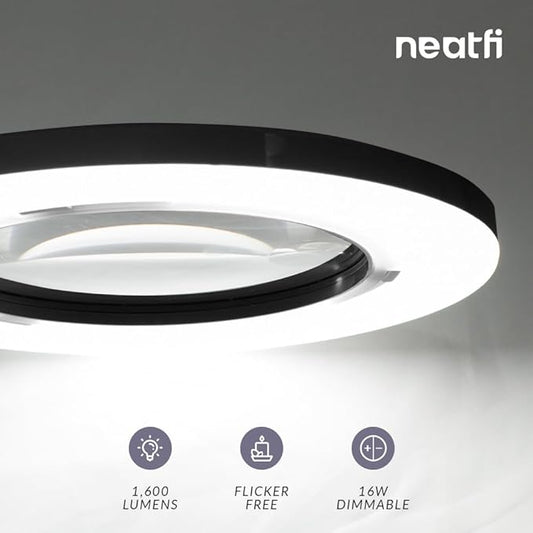 Neatfi XL Bifocal LED Magnifying Lamp, 7-Inch Acrylic Lens, 5D/20D Magnification, Hands-Free, Dimmable, 84 SMD LED, Adjustable Arm for Crafts, Reading, Close Work (Black, with Base)