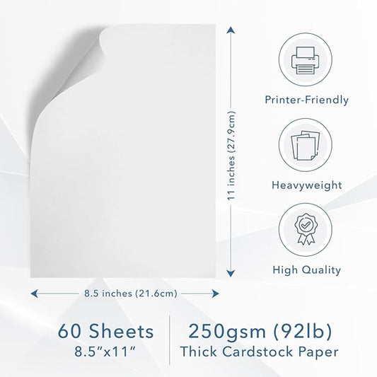 MOS White Cardstock Paper 8.5 x 11 Inch (60 Sheets) — Heavyweight Letter Size Card Stock for Crafting, Invitations, Menus, Business Use, Certificates, Printer Compatible