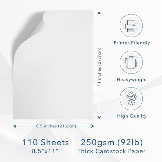 MOS White Cardstock Paper 8.5 x 11 Inch (110 Sheets) — Heavyweight Letter Size Card Stock for Crafting, Invitations, Menus, Business Use, Certificates, Printer Compatible