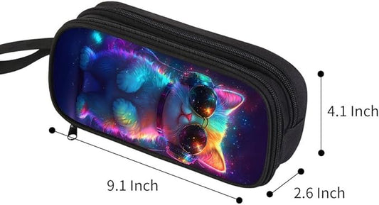 HiMagics Children's Pencil Case, Large Zipper Pencil Pouch for Boys with Two Compartments Boys Pen Pouch for School Cat with Headphones Pencil Bag, Black