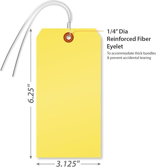 SmartSign (Pack of 1000) Yellow Plastic Tags with Wires, 6.25 x 3.125 inch, Metal Eyelet, 10 mil Tear-Proof Polylith Plastic, Writable