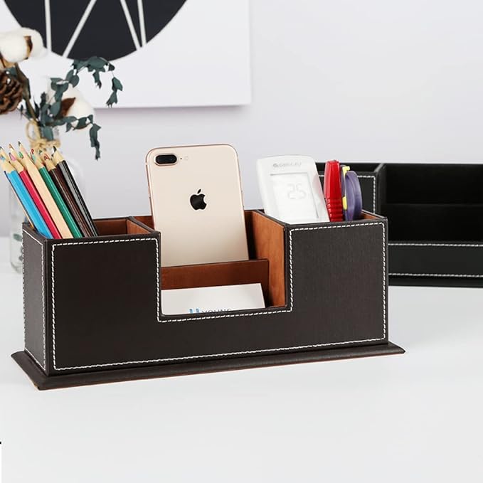 KINGFOM Wood + Leather Double-Holder Desk Organizer — Dark Brown