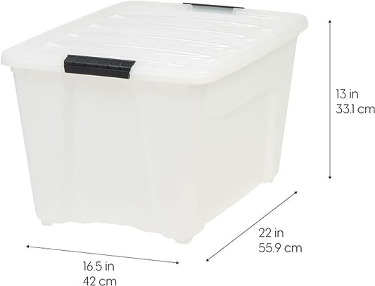 IRIS USA 54 QT Plastic Storage Box with Lid and Latches - 4 Pack - BPA-Free, Discreet Organizing Solution, Durable Nestable Stackable Containers, Secure Pull Handle - Pearl