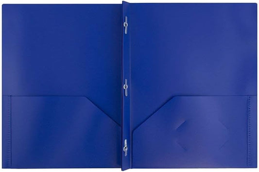 JAM PAPER Plastic Color POP Folders - 2 Pocket Durable Folders with Metal Prongs Fastener Clasps - Dark Blue - 6/Pack