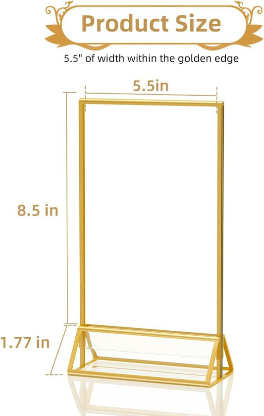 8.5 x 5.5 Acrylic Sign Holder with Gold Frame, Double Sided Display Stand Ideal for Display Wedding Table Numbers, Picture, Flyer Menu Holder, 6 Packs