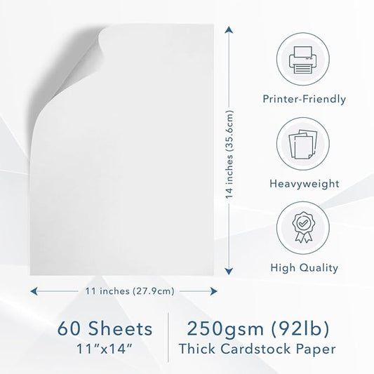 MOS White Cardstock Paper 11 x 14 Inch (60 Sheets) — Heavyweight Poster Board Card Stock for Crafts, Certificates, Menus, Art Projects, Printer Compatible