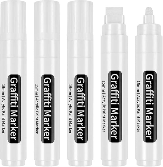 BIGTHUMB White Poster Markers Jumbo Paint Pen: 5 pcs 15mm Wide Tip Thick Acrylic Paint Pen Large Graffiti Markers for Rock Painting, Stone, Sign, Canvas, Glass, Wood, Ceramic
