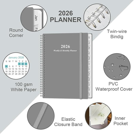 2026 Planner - Planner 2026 from January 2026 to December 2026 with 12 Monthly Tabs, Flexible Cover, Inner Pocket, 8.5" x 11", Grey-B