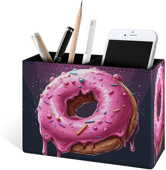 Famame Round Pink Dount Pencil Holder for Desk, Leather Desktop Container Pen Cup Storage Study Table Pen Organizer Makeup Brush Holder for Classroom Office Home