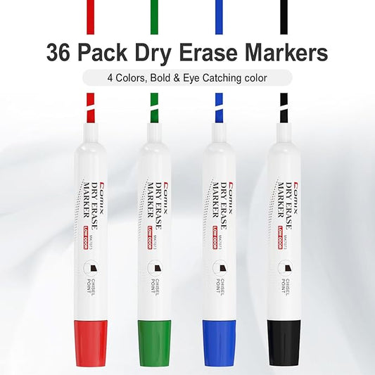 Comix Dry Erase Markers, Chisel Tip Whiteboard Markers, 36 Count 4 Assorted Colors Low Odor Markers for Classroom, Teachers, Office, School Supplies