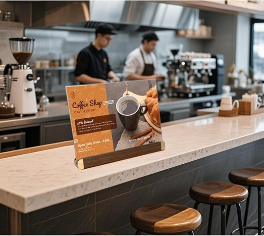 8.5 x 11 Menu Holder, Acrylic Table Menu Stand, Classic Wooden Sign Holder, Double Sided Display Table Top Paper Holder, for Bar, Cafe, Restaurant, Store, Certificate, Document (Horizontal, 6pack)