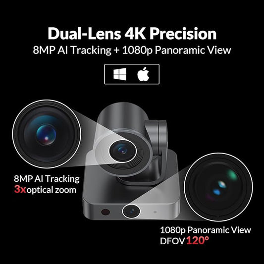 AV Access 4K Conference Room Camera, Dual Lens Cam(4K AI Tracking Cam and 1080P Panoramic Cam),3X Optical/5X Digital Zoom, 120° FOV, Auto Framing, Individuals Gallery, Works with Meet,Teams,Zoom