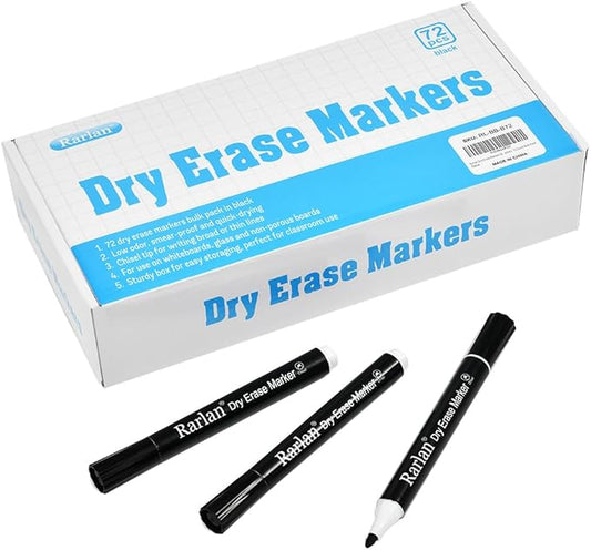 Rarlan Dry Erase Markers Bulk — Chisel Tip, Black, 72 Count