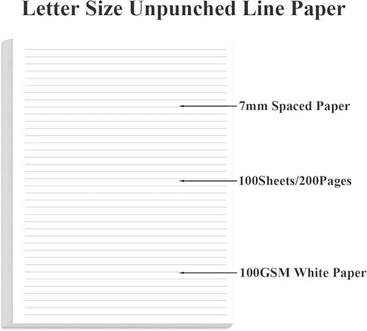 (2-Pack) Unpunched Line Paper - 200 Sheets/400 Pages Loose Leaf Paper Line Refills, Letter Size, 100gsm, White, 8.5" x 11"