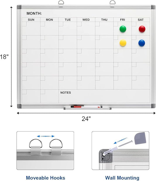 Comix Magnetic Dry Erase Calendar Whiteboard, 24 x 18 Inches Monthly Calendar Dry Erase Board for Wall, Aluminum Frame Planner White Board with Markers, Eraser, Magnets