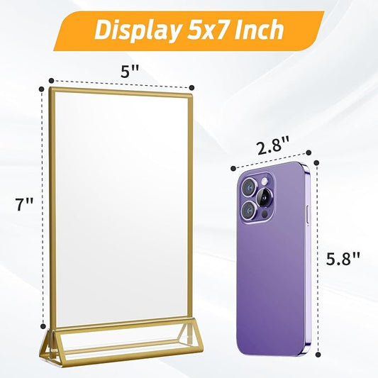 Smarpau Acrylic Gold Sign Holder 5x7,8 Pack Table Number Holders, Double-Sided Display Stand Picture Frames Menu Holder Flyer Stands Photo Holders for Wedding