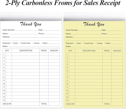 (2-Pack) Thank You Receipt Book - 5.5" x 8.5" Cardboard 2-Part Carbonless Sales Invoice Book, 100 Sheets Invoice Pad with Cardboard for Small Business