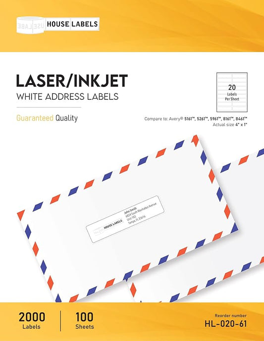 HOUSELABELS 20-up Shipping Labels (4" x 1") for Laser and Inkjet Printers, 800 Sheets