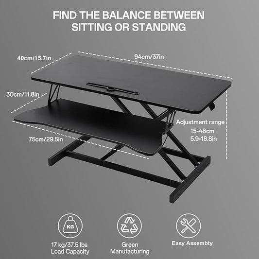 37 Inch Standing Desk Converter - Manual Pneumatic Spring, Two Monitor Stable Standing Desk Converter, 5.9" to 18.8" Height Adjustable Laptop Workstation with Keyboard Tray for Home, Company(Black)