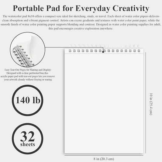 Fuxi 8x10 Watercolor Paper, 140lb Cold Press Watercolor Spiral Notebook, 32 Sheets (64 Pages) Water Color Sketchbook, Art Supplies Adults Professional.