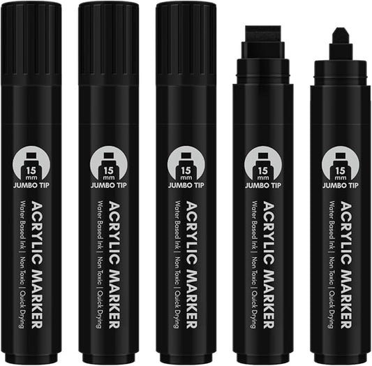 BIGTHUMB Black Poster Markers Jumbo: 5 Pcs 15mm Wide Tip Thick Acrylic Paint Pen Large Permanent Calligraphy Markers for Rock Painting, Stone, Poster, Canvas, Glass, Wood, Ceramic