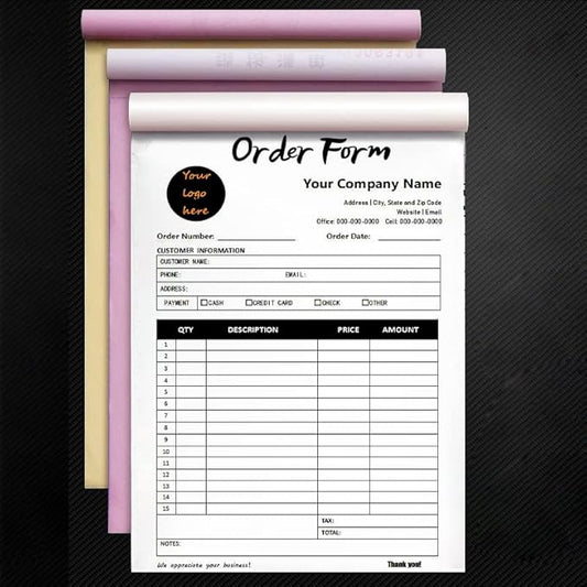 Custom Carbonless Sales Invoice Form Books for Small Business, Personalized NCR 3-Part Receipt Book with Carbon Copies, Cover Add Company Name, Address and Number Printed