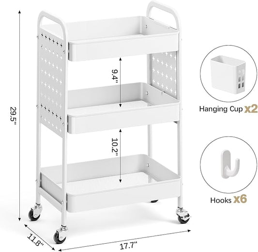 KINGRACK 3 Tier Rolling Cart with DIY Hanging Board, Metal Rolling Utility Cart with Wheels Handles Baskets Hooks, Rolling Storage Cart Suitable for Bathroom, Kitchen, Office, Nursery Diaper (White)