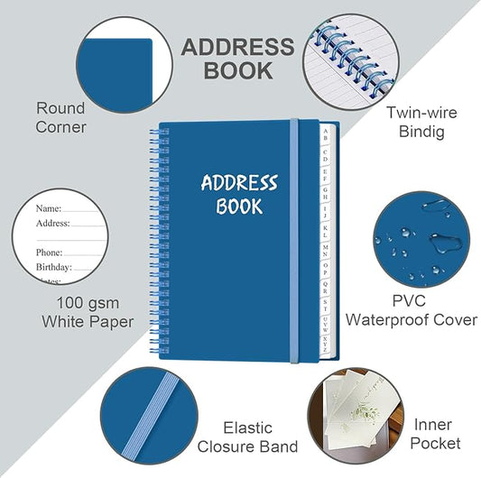 Address Book with Alphabetical Tabs - A5 Telephone & Address Book with Address Contacts, Special Date, Phone, Birthday & Internet Login Password for Home and Office, 6.2" x 8.5", Blue