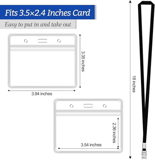 100 Pcs Clear Horizontal Badge Id Card and 100 Pcs Lanyard, Reusable Lanyards for Id Badge Holder Name Tag Badge Holder with Lanyards for Adults Kids Business School Conferences (Black)