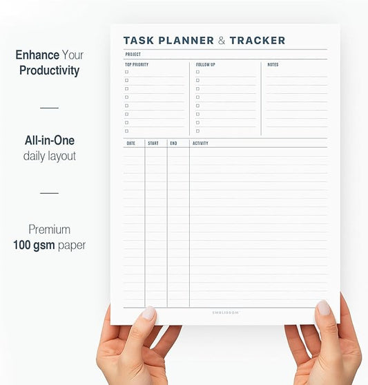 Task Planner & Tracker 8.5 x 11 Tear-Off 70 Sheet Planner Pad – Project Organizer with Time Log, Top Priority, Follow-Up – Notepad for Home & Office (White, Minimalist, 1 Pack)