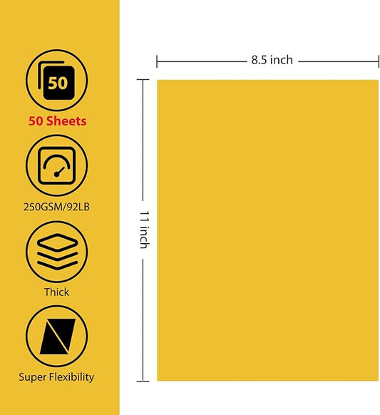 OcePor 50 Sheets Yellow Cardstock Paper, Colored Printer Paper 8.5 x 11, Card Stock Thick Construction for Craft,Scrapbook,Office Printing, Invitations, Certificates,92 lb/250gsm