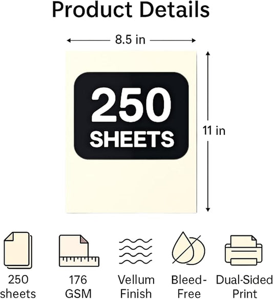 250 Sheets Cream Cardstock 8.5 x 11 Ivory Card Stock 65lb/176gsm Premium Off White Colored Sheets Thick Printer Paper for Cards Making, Office Printing, Wedding Invitations
