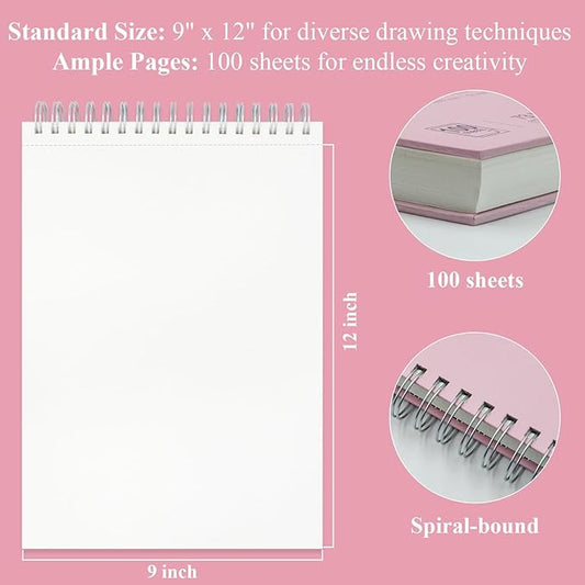 Cute Sketchbook Pink, 9"x12" Sketch Book for Teen Girls, 100 Sheets Girl Sketchbook 73lb/120gsm Drawing Paper for Kids, Art Supplies for Teens 14-16 Girls.