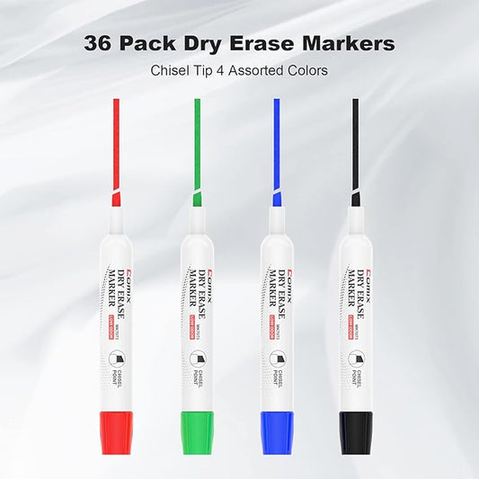 Comix Low Odor Dry Erase Markers, Chisel Tip White Board Markers, 36 Bulk 4 Colors Thick Markers for Classroom, Teachers, Office, School Supplies
