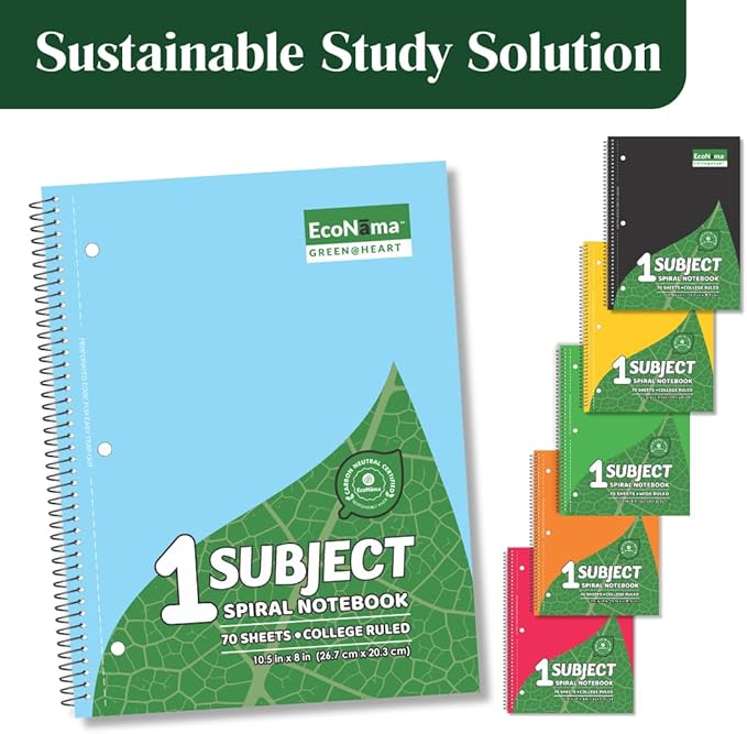 ECONAMA Subject Book Spiral Notebook Pack of 24 Wide Ruled 140 Pages (70 Sheets) 8" × 10.5" Perforated Carbon Neutral 3-Hole Punched Eco-Friendly School & Office Supply Assorted Colors