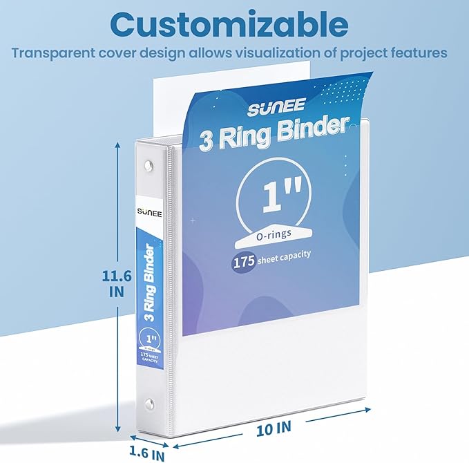 SUNEE 3 Ring Binders 1 Inch 12 Pack, Clear View Binders Bulk Three Ring PVC-Free (Fit 8.5x11 Inches) for School or Office Supplies, White