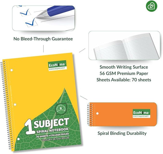 ECONAMA Subject Book Spiral Notebook Pack of 24 Wide Ruled 140 Pages (70 Sheets) 8" × 10.5" Perforated Carbon Neutral 3-Hole Punched Eco-Friendly School & Office Supply Assorted Colors