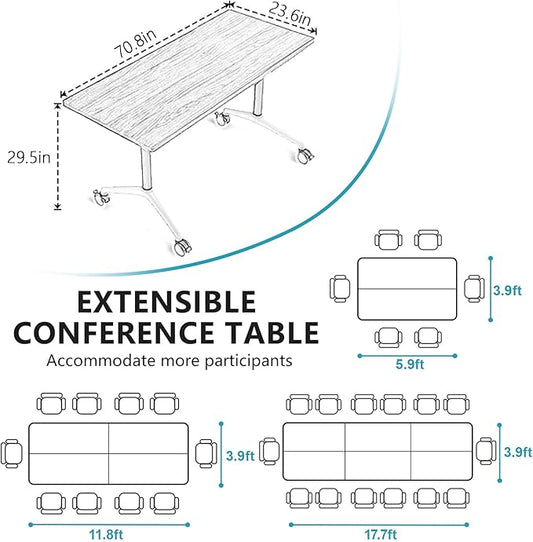 Goakwwuz Conference Room Table, Folding Conference Tables,Thicken Grey Tabletop,Flip Top Wooden Seminar Meeting Room Table for Conference Room Offices (8, Black+White, 70.8”)