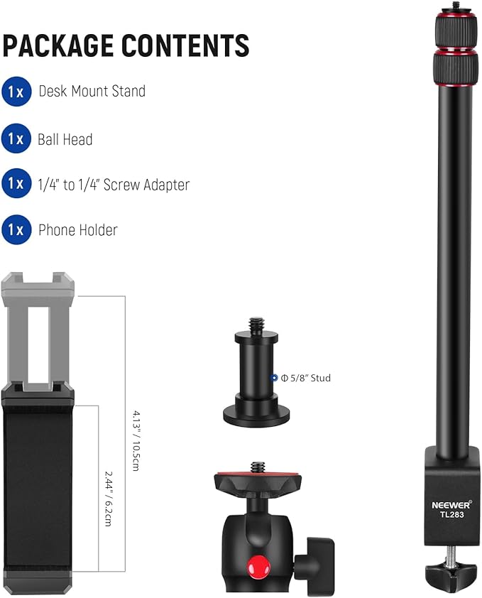 NEEWER Camera Desk Mount, Overhead Desktop Light Stand Microphone Boom Arm with Ball Head C Clamp Cleaning Cloth for DSLR Webcam Phone Holder Ring Light Mic Streaming Video Recording, Red TL283