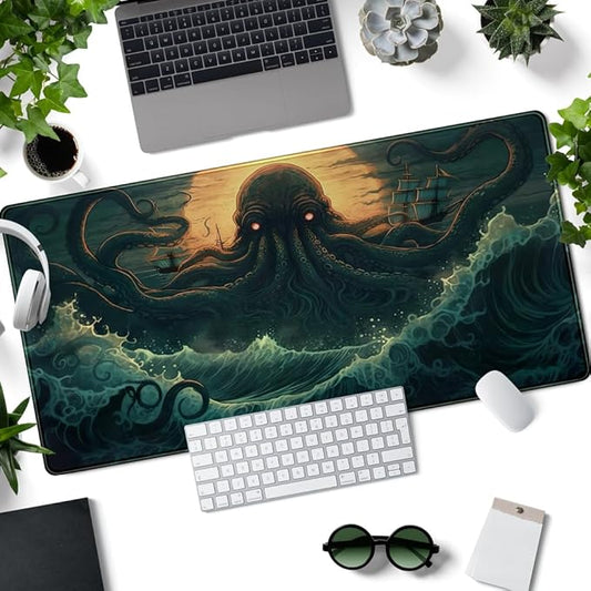 Octopus Anime Desk Pad Ocean Large Mouse Pad Gaming, Extended Kanagawa Desk Mat Pad XL Mousepad 31.5" X 15.7 ", with Anti-Slip Desk Keyboard Stitched Edges Long Computer Keyboard Mat